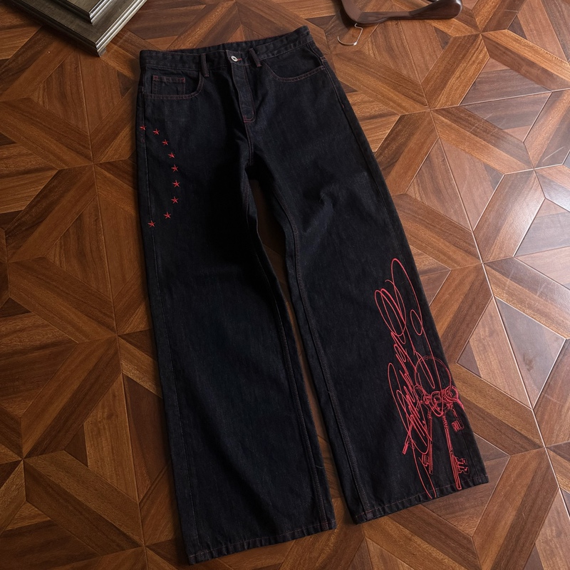 Dawnverse'Key to Eternity' Cursive Floral Red Thread Embroidered Star Raw Denim A-Line Straight-Leg Jeans Dawnverse'Key to Eternity' Cursive Floral Red Thread Embroidered Star Raw Denim A-Line Straight-Leg Jeans