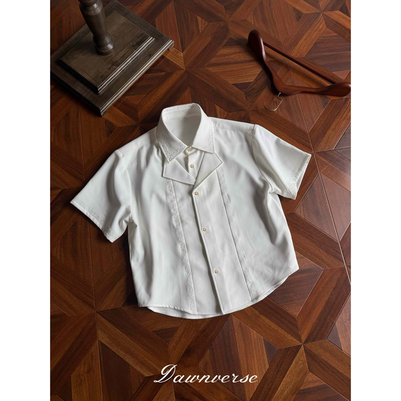 Dawnverse Court-Style Embroidered Short-Sleeve Shirt with Faux Two-Piece Design and Burnt Buttons, Elegant Old Money Style