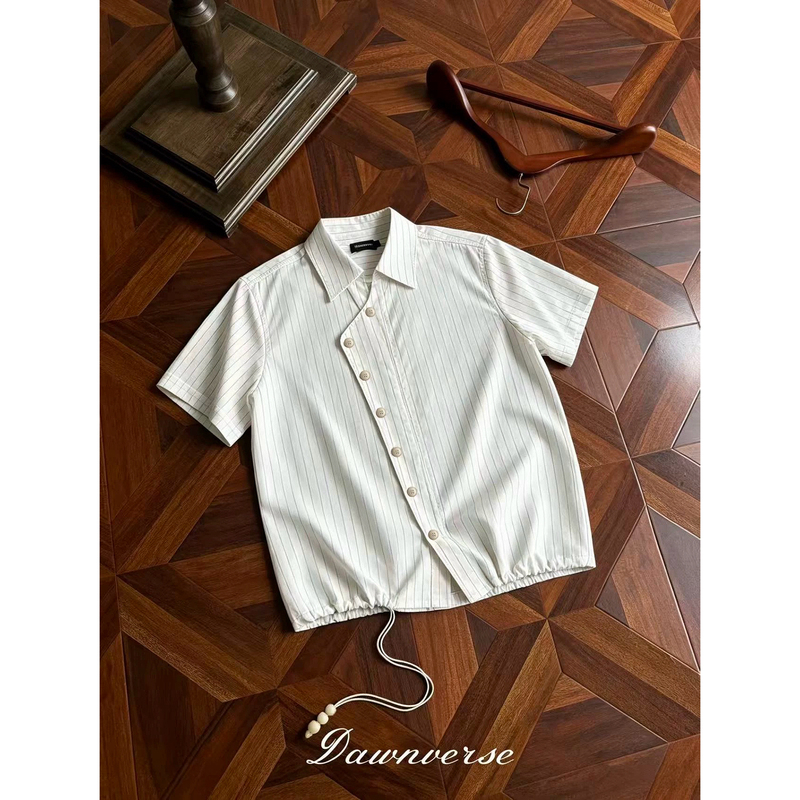 Dawnverse White Striped Diagonal Placket Short-Sleeve Shirt with Burnt Buttons, Beaded Drawstring, Elegant Old Money Style