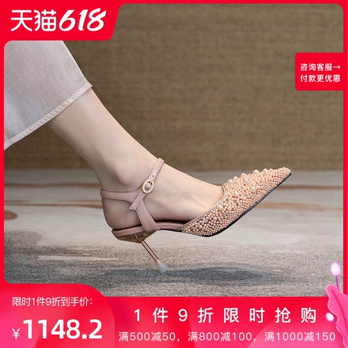 KMD Летние модные универсальные танцующие туфли из жемчуга с заостренным носом, высокие сандалии, сезон 2021, из натуральной кожи