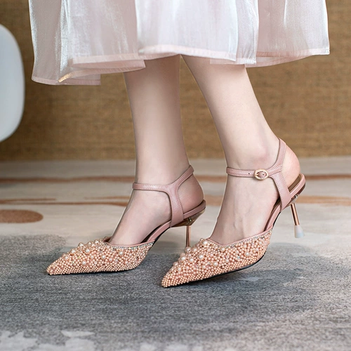 KMD Летние модные универсальные танцующие туфли из жемчуга с заостренным носом, высокие сандалии, сезон 2021, из натуральной кожи