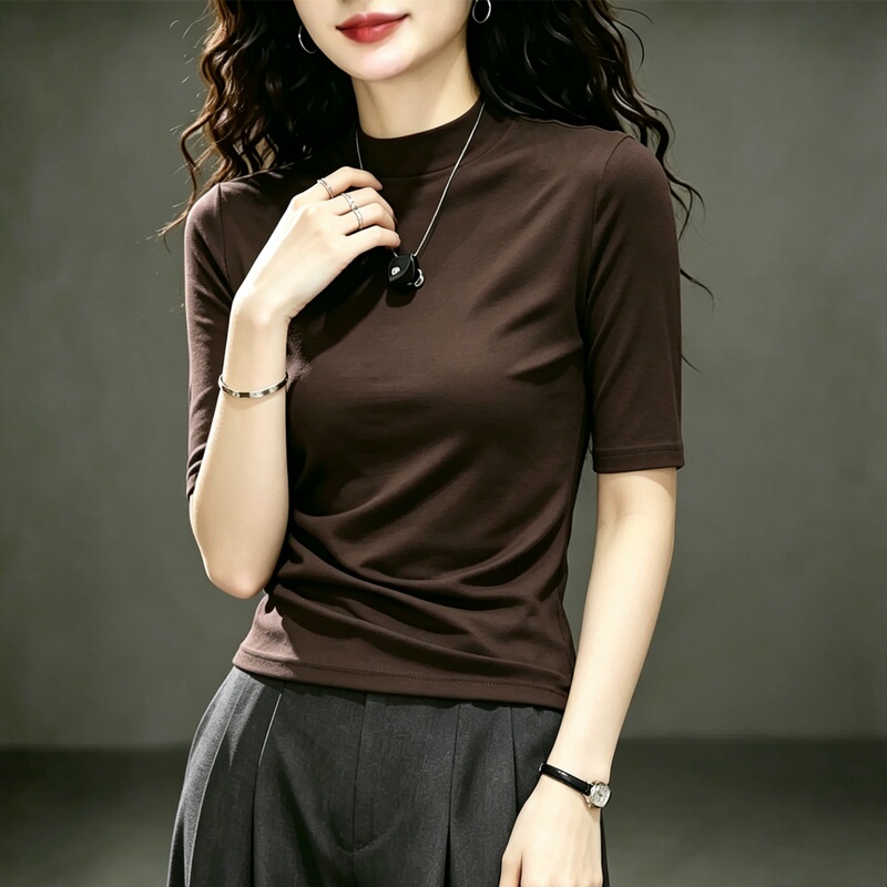 Half-High Collar Tencel T-Shirt for Women, Three-Quarter Sleeves, Spring, Autumn, and Summer, Elegant, Slim Fit, Plus Size, Korean Style Top