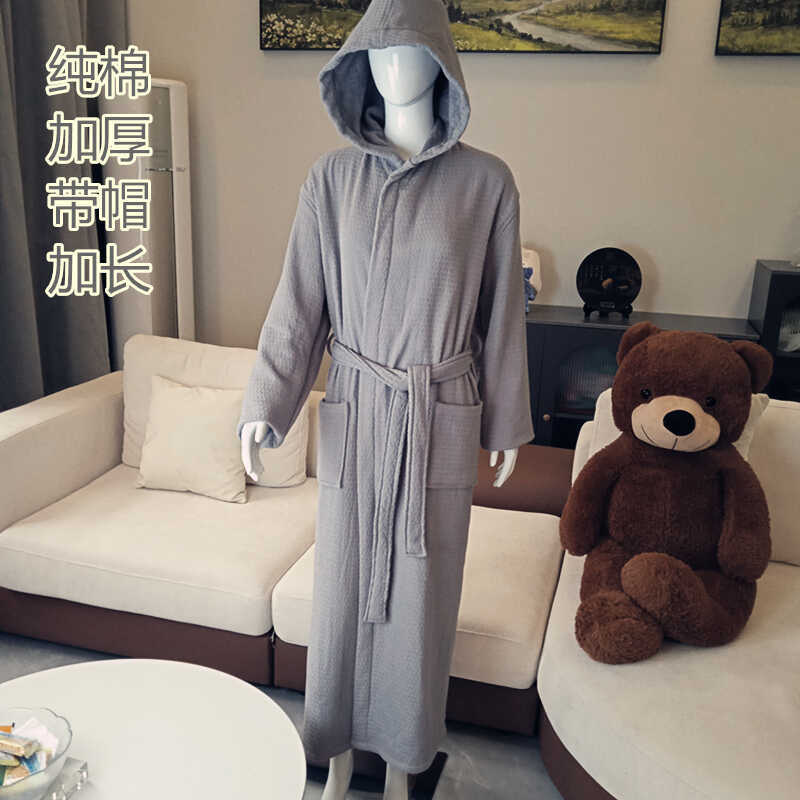 Extra Long and Thick Hooded Bathrobe, Pure Cotton Double-Layer Towel Material, Winter Warm Nightgown, Unisex Couple Bathrobe, Absorbent and Quick-Drying