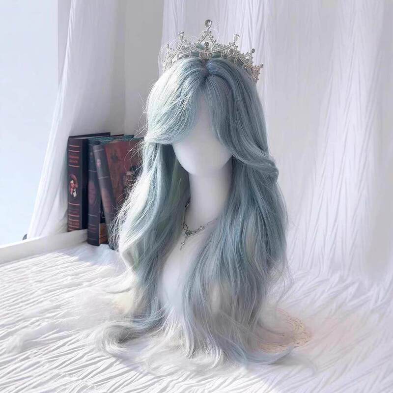 Cross-Border Wig for Women, Mint Milk Green, Summer Long Curly Hair, Light Green, Natural Middle-Parted Bangs, Realistic Hair, Full Head Wig Style