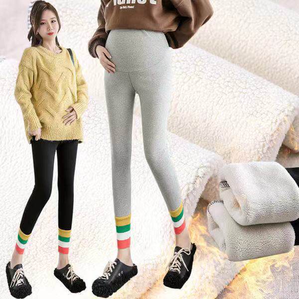 Pregnant woman autumn winter internal lap pants outside wearing gush thickened winter dress trendy colourful strips splicing gestation maternity pants bunches of pants