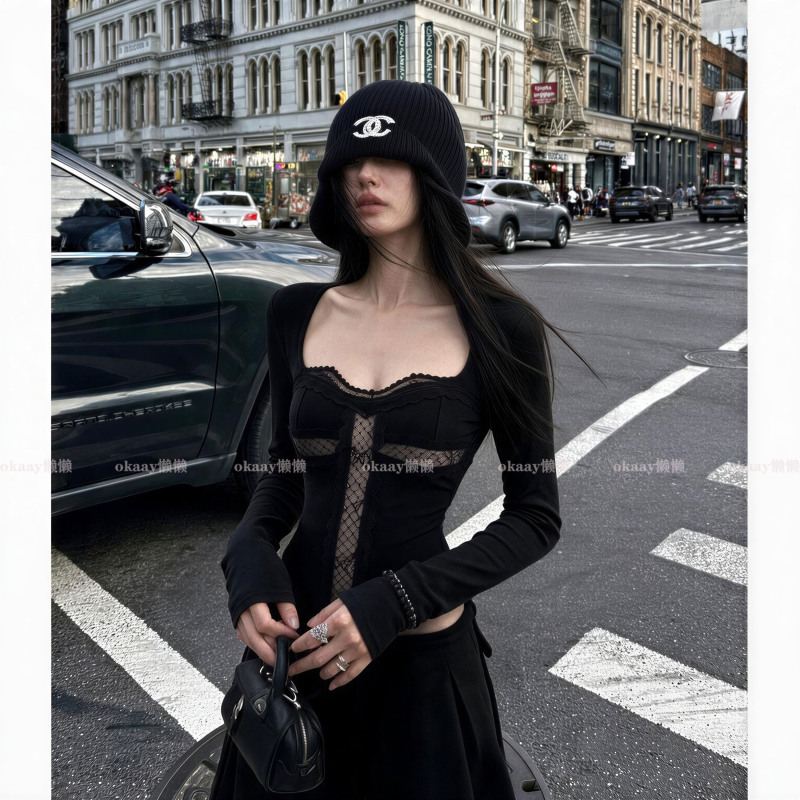 Okaay Lazy Black Lace Hollow-Out Long-Sleeve Top 2026 Autumn New Popular Hot-Selling T-Shirt