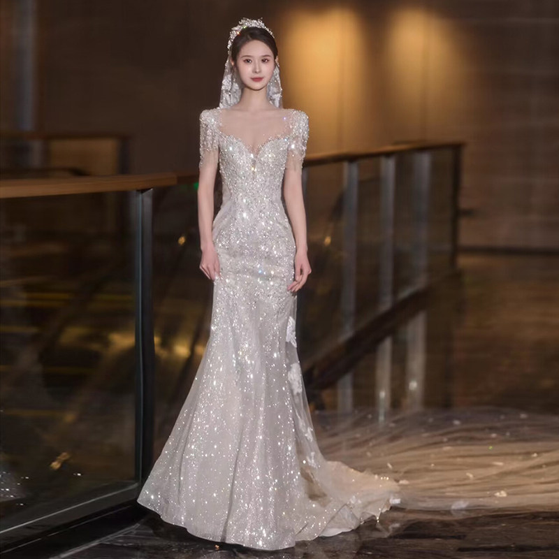 Face-style retro heading out fish tail gown light wedding dresses brides 2023 new rework small sub-greet guest main yarn trailing off-Taobao