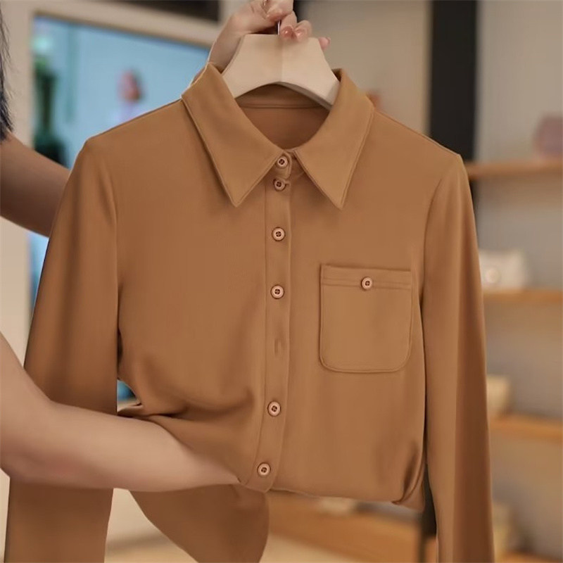时尚衬衫百搭韩版简约长袖衬衣女2025秋季新款洋气纯色POLO领上衣