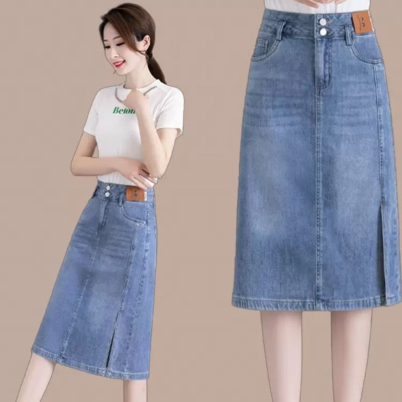 Mid-Length Denim Skirt 2025 Summer New Fashion Slit Denim A-Line High-Waisted Slimming Hip-Hugging Skirt Trendy