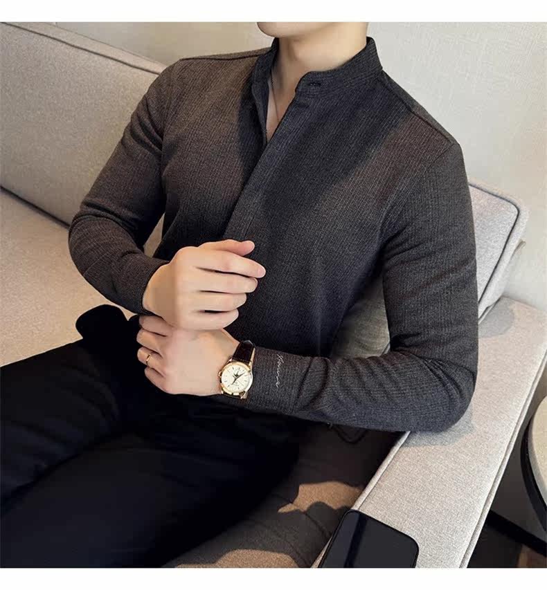 Джинсовая рубашка 中山领衬衫男长袖2025秋季新款立领新中式改良中山装毛呢内搭衬衣 Tvso