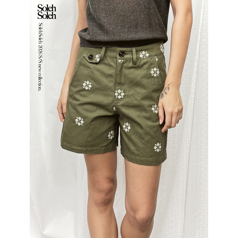 Solehsoleh (Soleilsoleil) Army Green Floral Embroidered Shorts for Women, Thin Summer Style