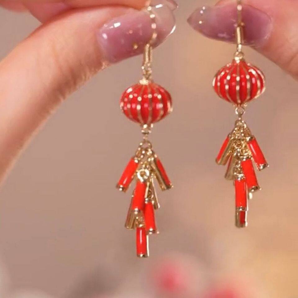 2022 Chinese New Year Year of the Tiger National Style New Year Celebration Earrings Spring Festival New Year Theme Red Lantern Ancient Hanwear Ear