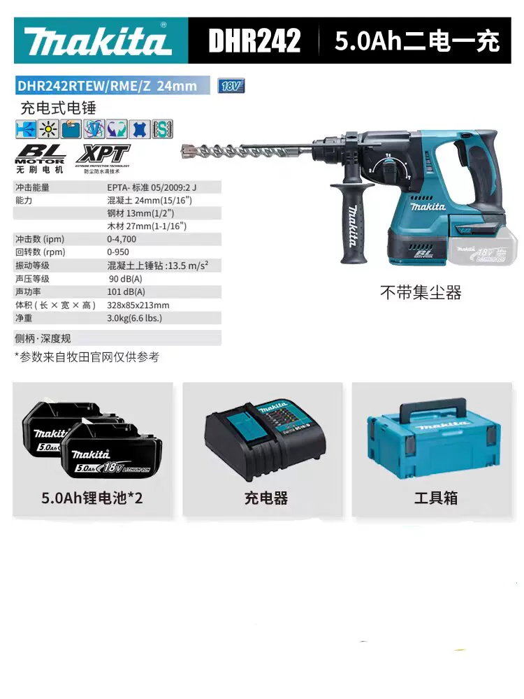 Makita DHR242 электрическая ударная дрель ударная дрель многофункциональная гидравлическая и электрическая сверление бетона электрическая лопата и кирка 18V литиевый аккумулятор