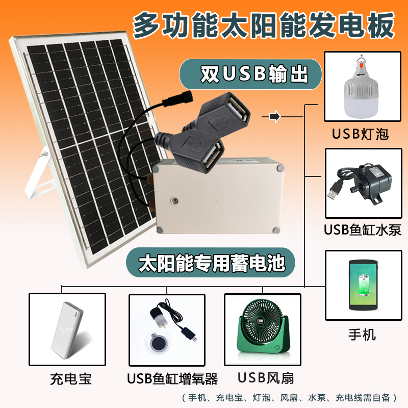 Solar Power Panel Mobile Phone USB Fast Charger 5V Outdoor Waterproof Photovoltaic Power Bank Water Pump Oxygenation