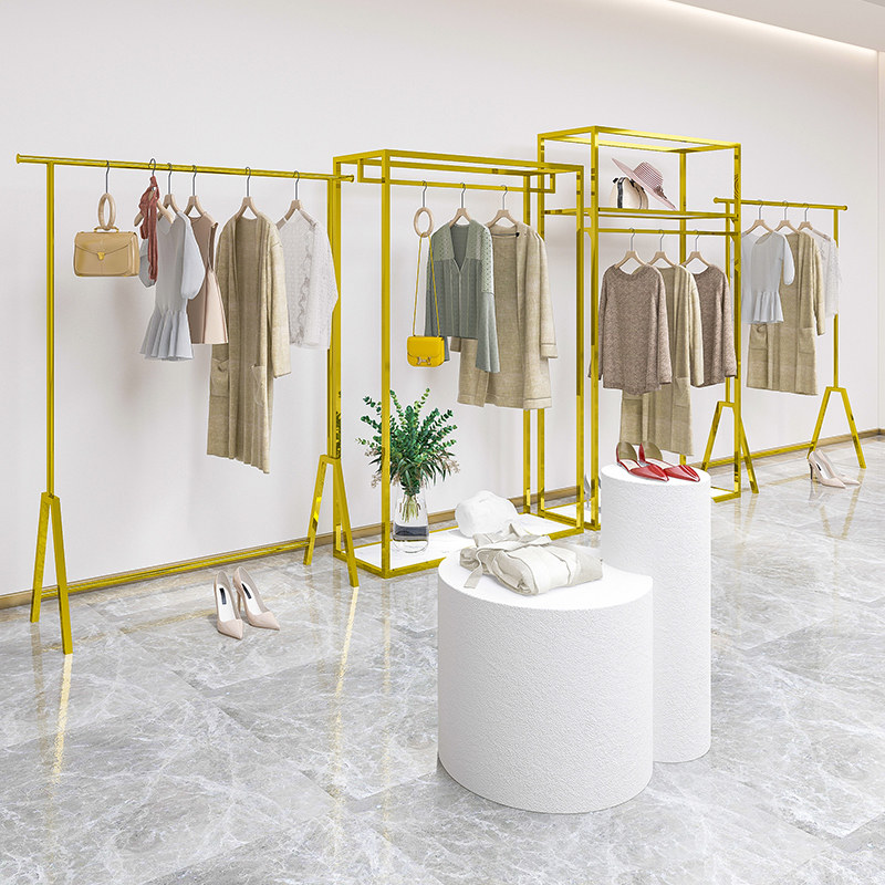 Gu Teng women's clothing store decoration shelves stainless steel gold brushed island shelves floor to ceiling combination women's clothing display shelves