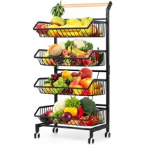4 Tier Fruit Vegetable Storage Basket Rolling Cart with Hand