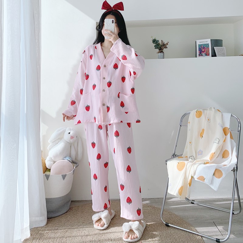 Xinjiang V collar pure cotton cotton cloth pregnant woman cardiovert sleepwear woman long sleeve long pants large size Loose Fat MM Postnatal