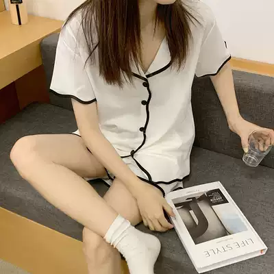 Pajamas women's summer short-sleeved Ice Silk crisp lovely solid color short-sleeved shorts sweet cardigan slim home suit