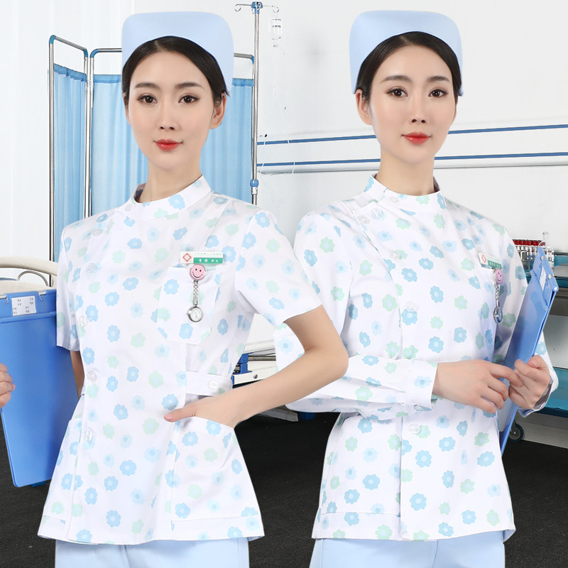 Nurse's suit with round collar blue flowers leads short sleeves summer beauty master Month sister to the home care clothes