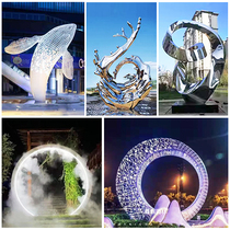 Large stainless steel sculpture customized outdoor ring whale spray campus landscape landmark building sales department decoration