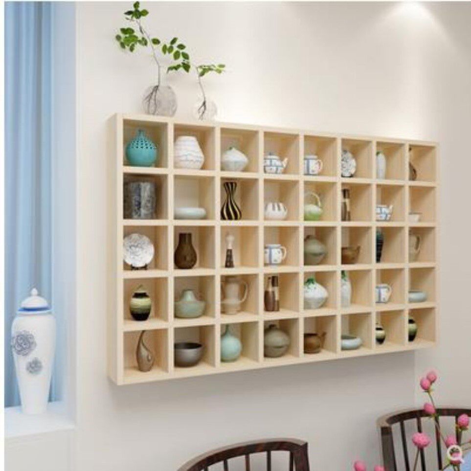 Multi-treasure grid shelf Nordic Cup holder cup shelve solid wood display Ghang wall tea set Pane Rack Groceries