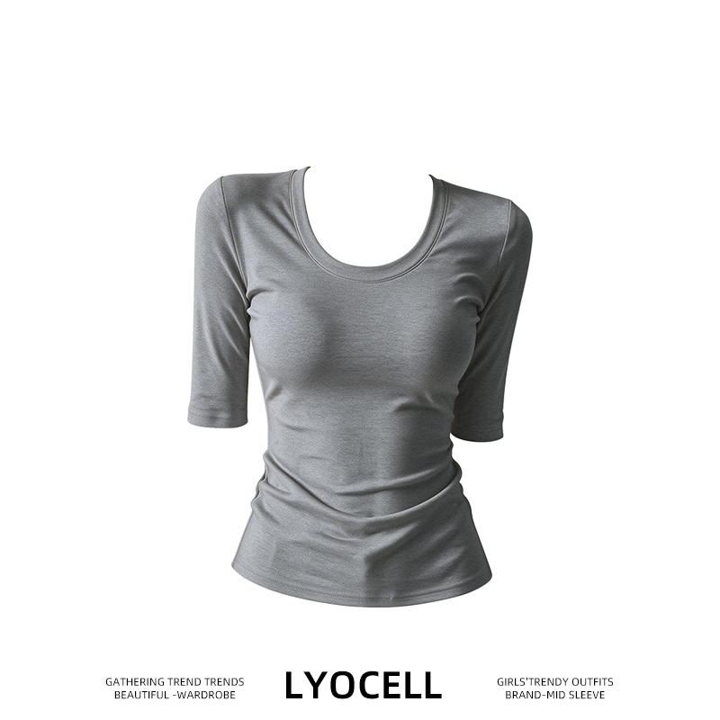 Lyocell Straight-Shoulder T-Shirt for Women, Slim Fit, U-Neck, Mid-Sleeve, Summer Trendy Base Shirt, Women's T-Shirt Lyocell Straight-Shoulder T-Shirt for Women, Slim Fit, U-Neck, Mid-Sleeve, Summer Trendy Base Shirt, Women's T-Shirt