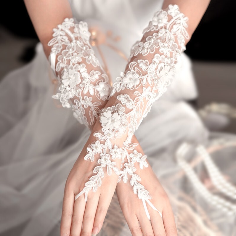 Wedding Gloves, Lace Bridal Long Mesh Gloves, White High-End Wedding Accessories, Vintage Dress Arm-Covering Sleeves
