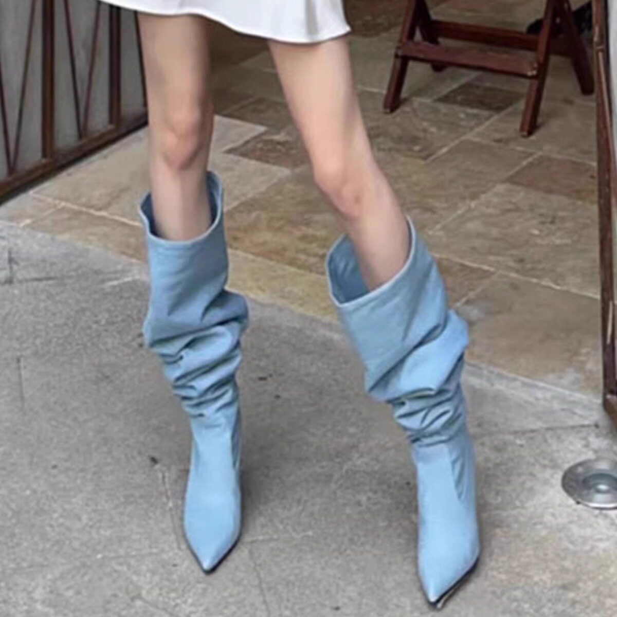 Women's wide-leg denim slouch boots, 2024 Spring/Autumn new style, pointed toe, high-heeled, stiletto-heeled knee-high boots.