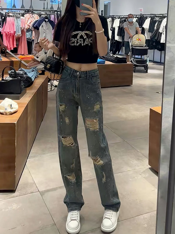 High-Waisted Retro Wide-Leg Jeans for Women, Thin Style, 2026 Summer New Model, Ripped, Loose, Slimming, Straight-Leg Pants
