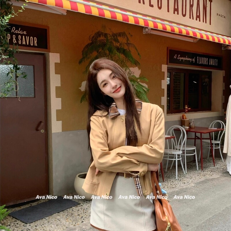 Brick Cabinet Top-Tier~It Brick High-End Custom Old Money Style Khaki Plaid Trench Coat Elegant Jacket for Women