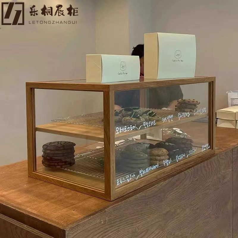 Solid wood bread dust-proof glass cabinet tea set decoration small mobile commercial pastry sample display storage cabinet customization