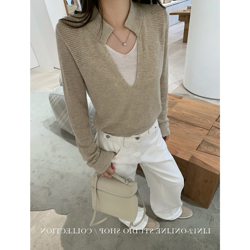 Relaxed Old Money Style Fake Two-Piece Knit Sweater for Women, Long-Sleeved, Loose-Fitting, Versatile Sweater, Autumn Outfit, Hollow-Out Top