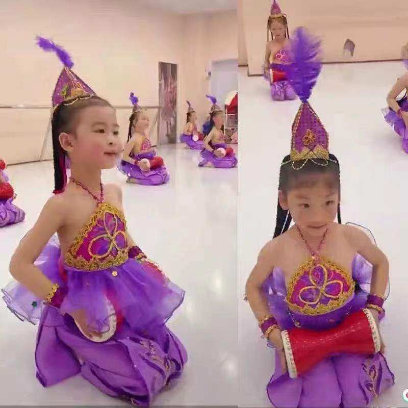 Children's Xinjiang dance Uyghur slender drum dance costume vibrato Zijin dance Xixia drum doll performance costume props