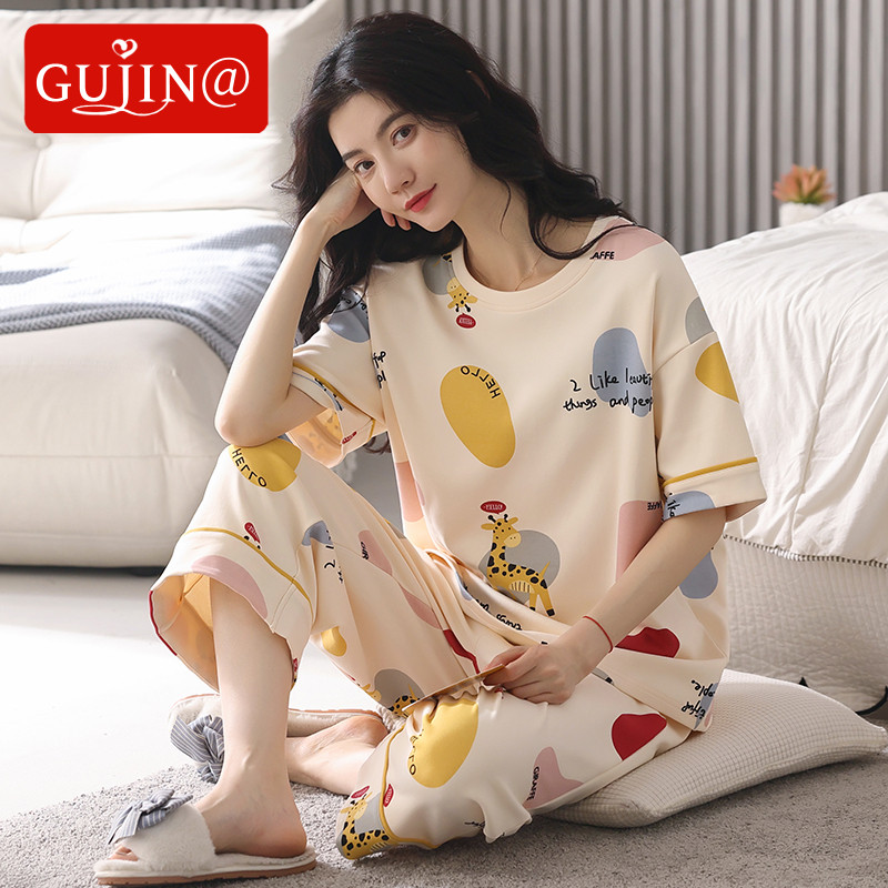 Gujin@Pajamas Women Summer Cotton Short-sleeved Cropped Pants Summer Thin Section Cartoon Cute Home Service Cotton Suit