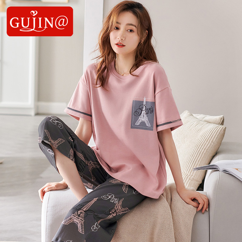 Gujin@Pajamas Ladies Summer Thin Cotton Short-sleeved Cropped Pants 2022 New Large-Sized Homewear Set