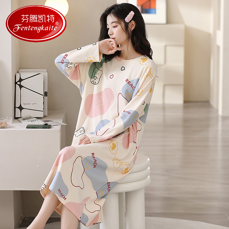 FentenKate Sleeping Dress Lady Spring Autumn Season Pure Cotton Long Sleeve Full Cotton Cute Pyjamas Woman Autumn Winter Over Knee Long Section Dress-Taobao