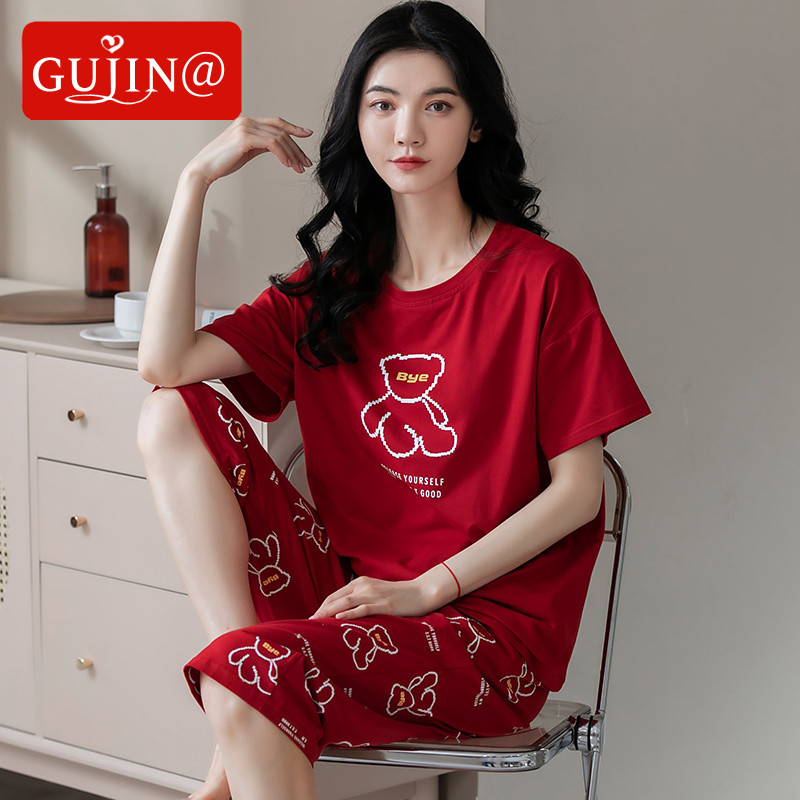 Gujin@Pajamas Ladies Summer Cotton Short-sleeved Crop Pants Zodiac Year Red Cute Home Service Two-piece Suit