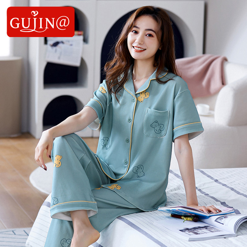 Gujin@Pajamas Girls Summer Cotton Short-sleeved Trousers Spring and Autumn Models Can Be Wearing Cotton Home Service Large Size Suit