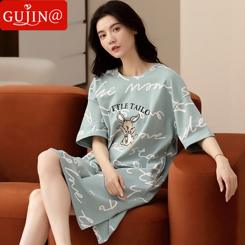 Gujin@2022 New Nightdress Girls Summer Cotton Short-sleeved Pajamas Mid-length Homewear Thin Suit