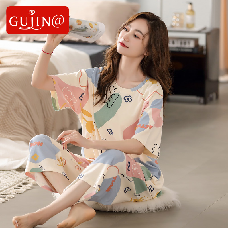 Gujin@Pajamas Women's summer pure cotton short-sleeved cropped pants thin section can be worn outside cotton home service female cute suit