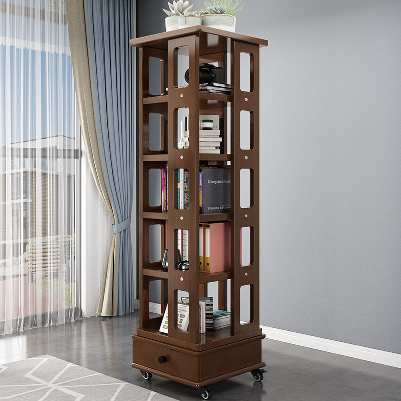 Solid wood rotating bookshelf floor to floor movable 360 degrees bookcase children simple shelve modern minimalist disposal cabinet