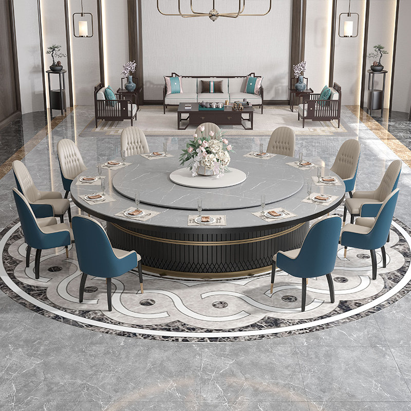 Hotel dining table electric large round table marble rock slab hot pot table new Chinese style 15 people 20 people clubhouse villa table and chairs