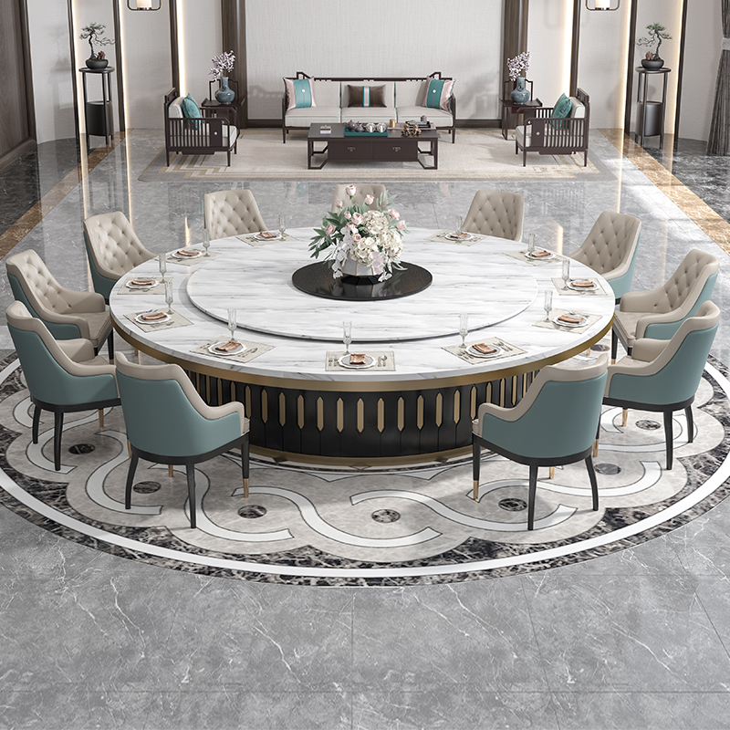 Electric Table Hotel Grand Round Table New Chinese Style Marble Hot Pot Table Rock Slab Clubhouse 15 people automatic rotating turntable