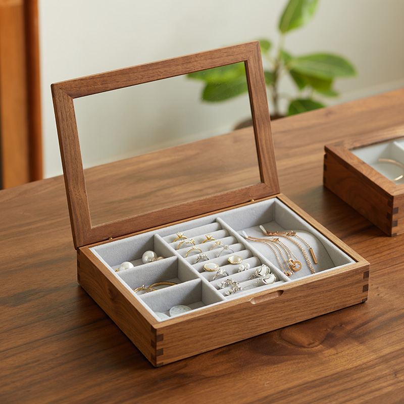 Solid wood high-end minimalist flannel jewelry box retro small exquisite transparent high-end light luxury jewelry earrings storage box