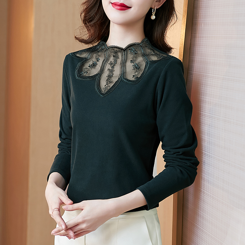 Duvet Jersey Undershirt Woman Spring Autumn Season Fashion Foreign Pie 2022 New Long Sleeves Half High Neckline Silk Lace Inner Lap