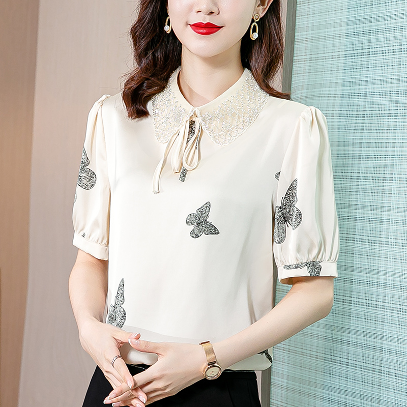 Satin Girls Shirts Women's Summer 2022 New Dolls Collar Snowspun Shirts Thin style Summer Clothing Short Sleeves Blouse