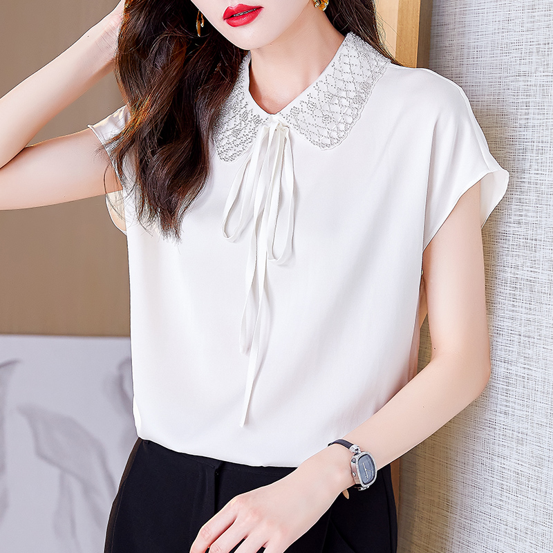 2022 summer new doll collar short-sleeved chiffon shirt women's summer white thin ladies shirt silk top
