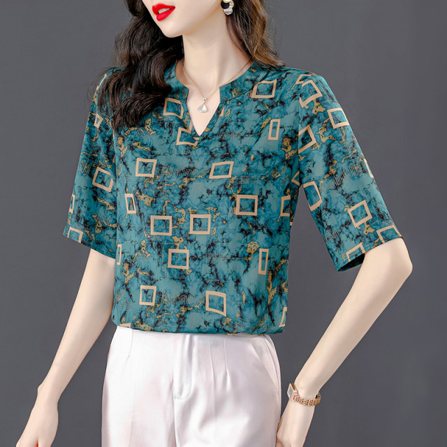 Mom loose temperament V-neck printed short-sleeved chiffon shirt women's summer 2022 new belly-covering small shirt summer top