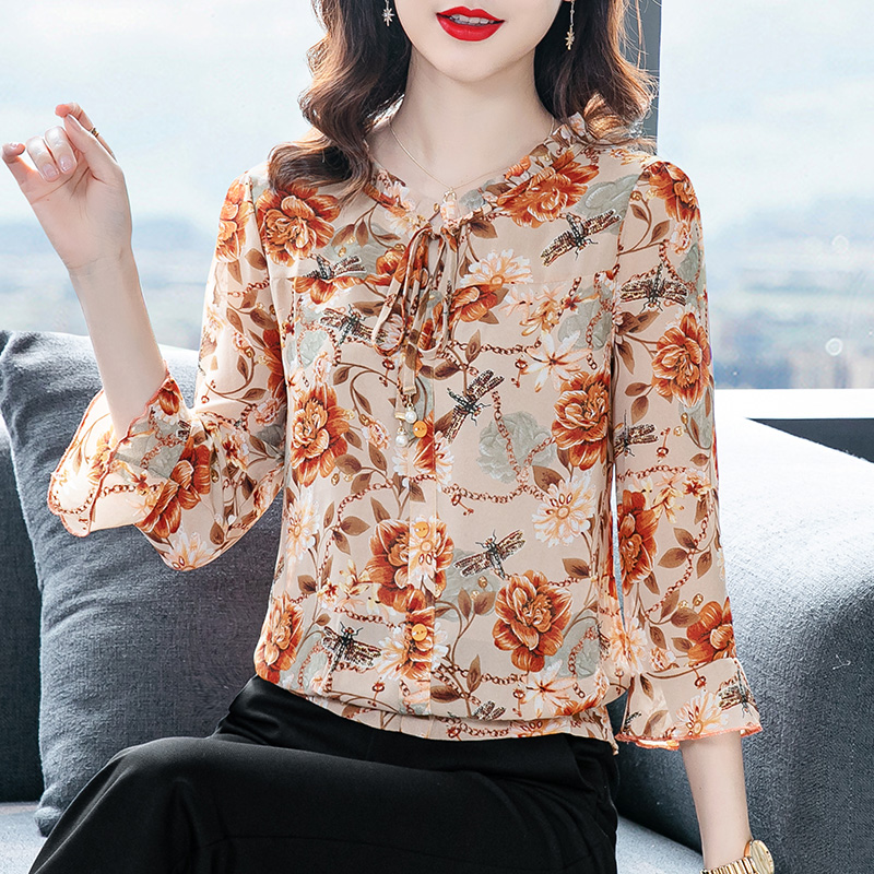 Broken Flowers Snowspun Jersey Woman Long Sleeve Autumn Dress 2022 New Women's Dress Foreign Pie Long Sleeve Upscale Beautiful Small Shirt Early Autumn Blouse