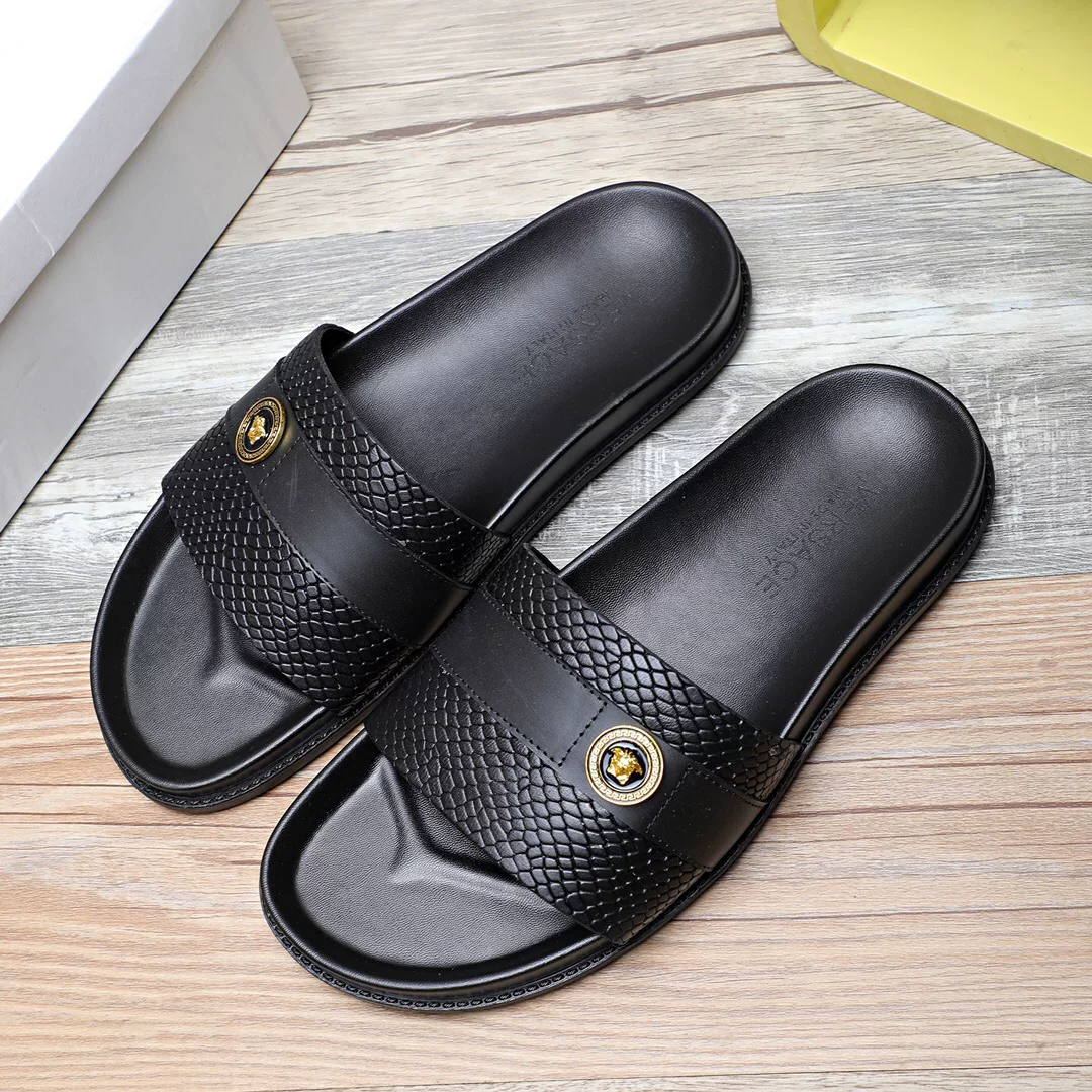 Versace, modern black summer sandals, simple and elegant design